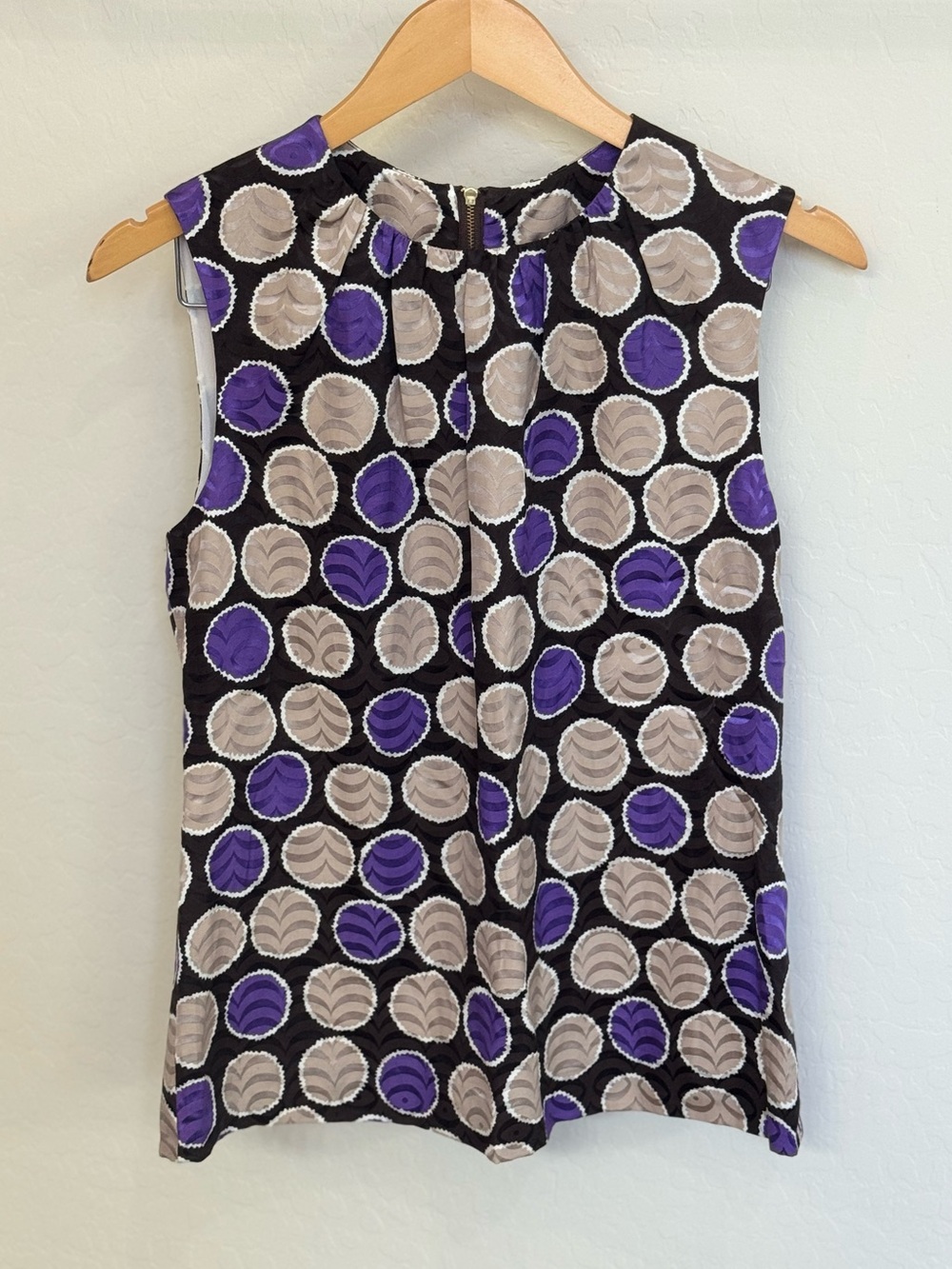 Tory Burch Silk Blend Geometric Circle Print Sleeveless Blouse Purple Size 8